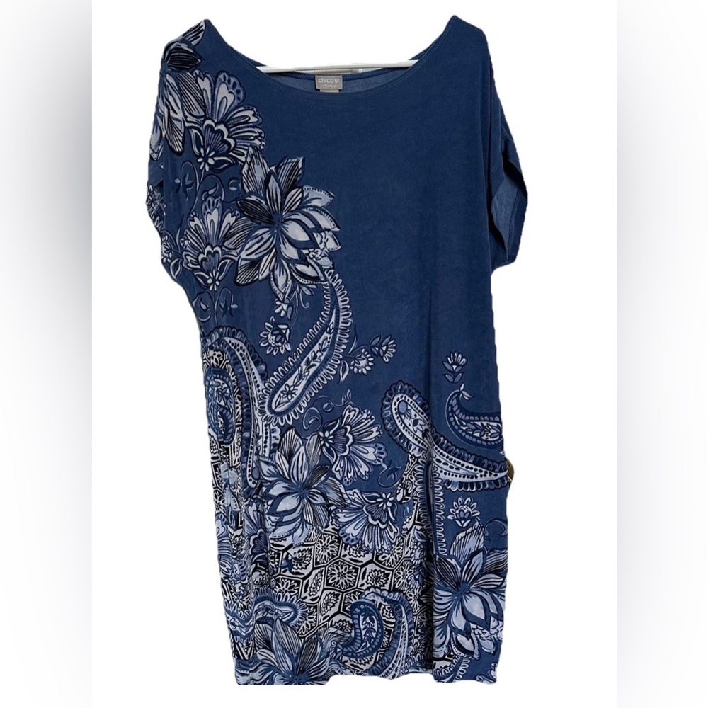 Chico’s Travelers Blue Paisley Floral Shift Dress Sz 2 Hawaiian Lounge Resort